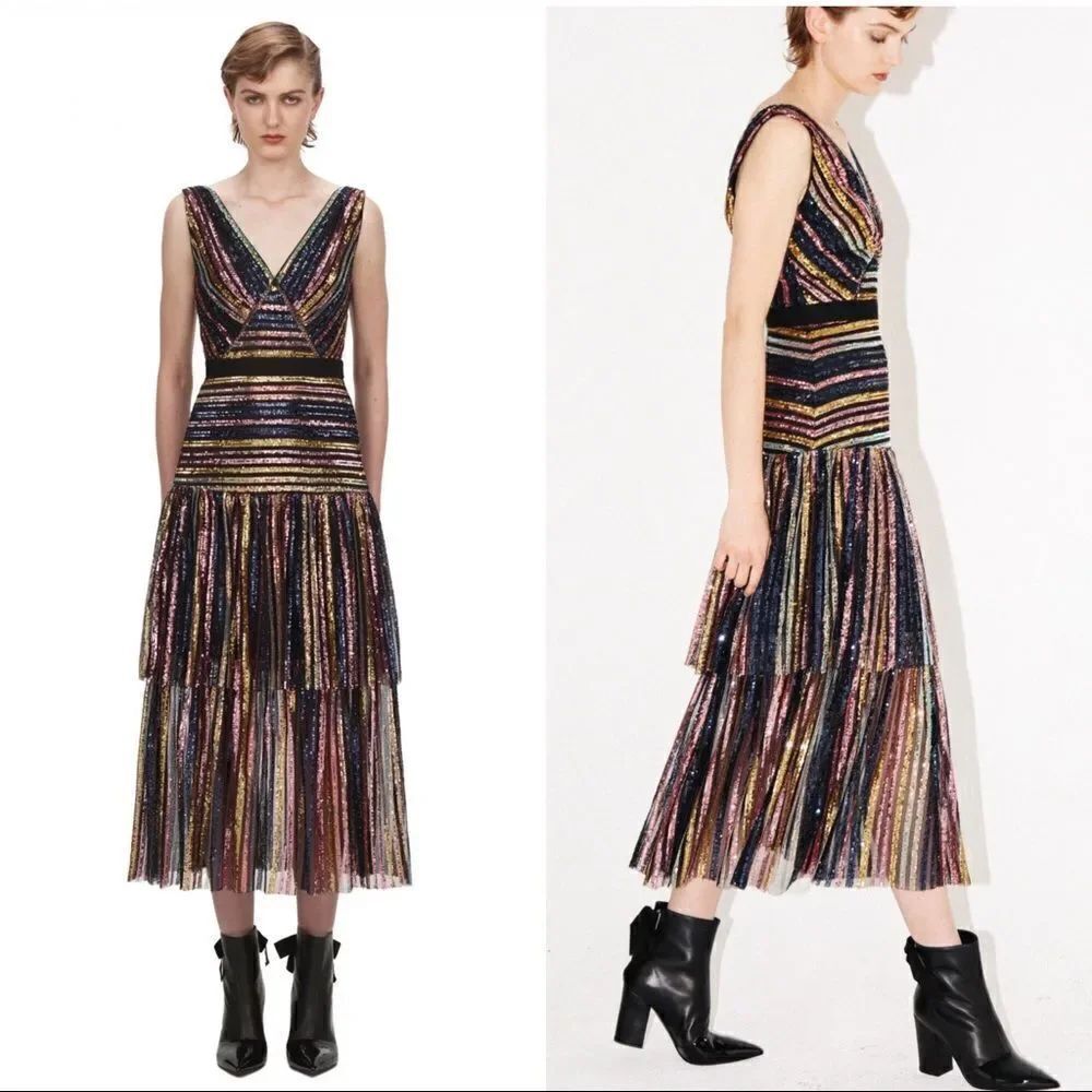 Self Portrait Stripe Sequin Sleeveless Midi Dress